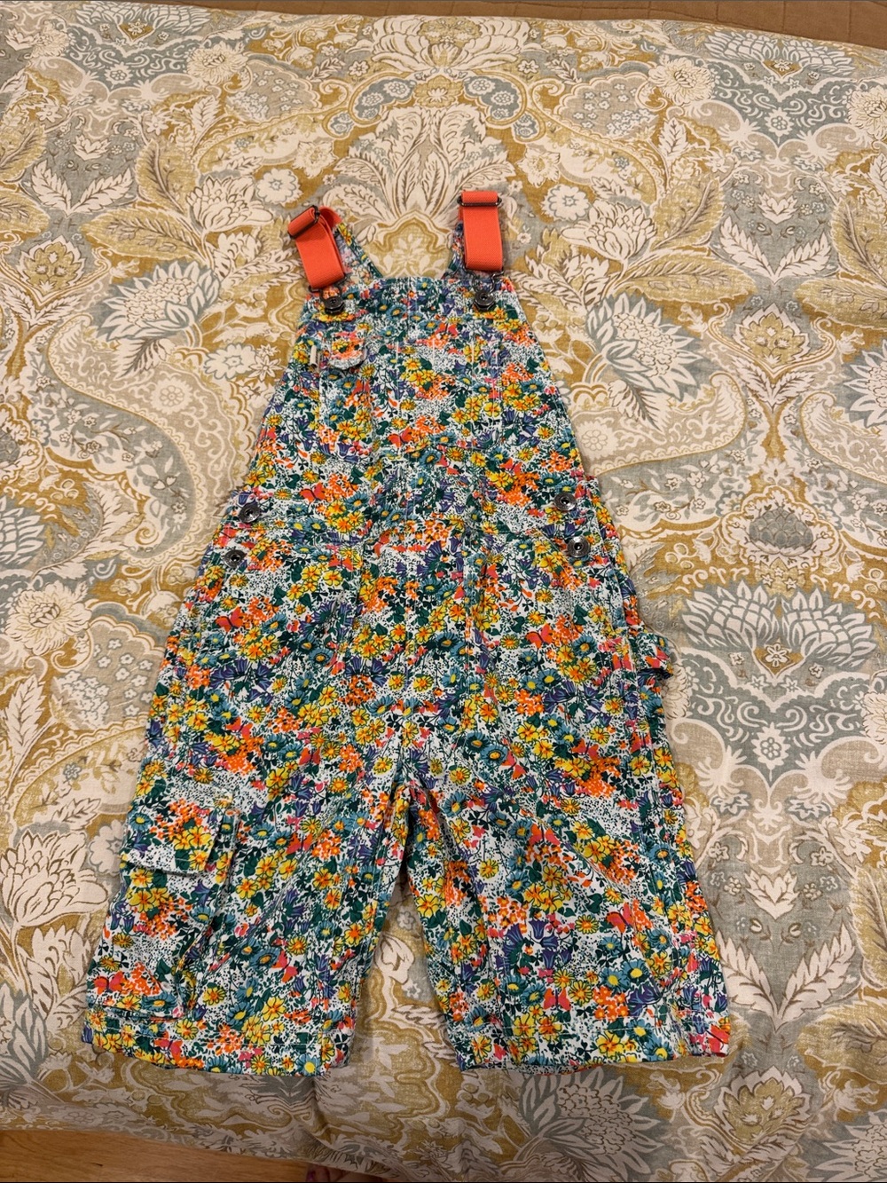 Duluth Trading Co Floral Cotton Overalls with Orange Straps